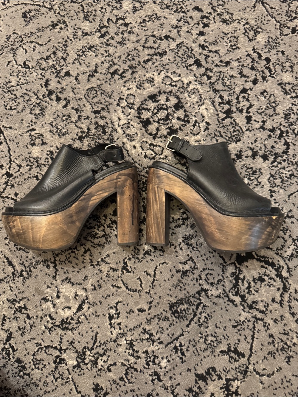 Topshop Black Leather Platform Clogs with Wood Heels